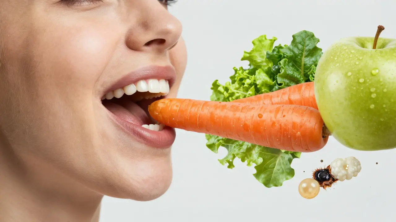 Úsměv se mění z tmavého na bělý, doprovázený přirozenými potravinami, které chrání zuby před skvrnami a kamenem.