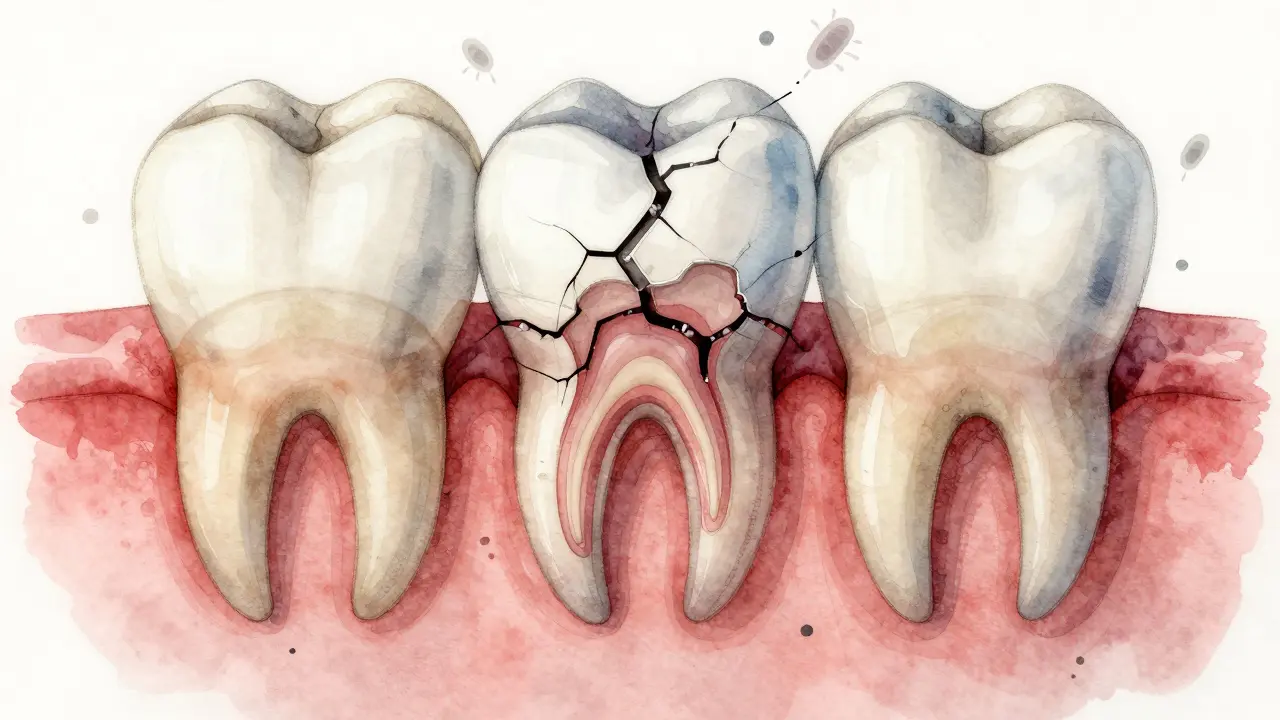 Vodová barva ilustrující prasklinu v zubu, která se šíří k dřeni s bakteriemi.