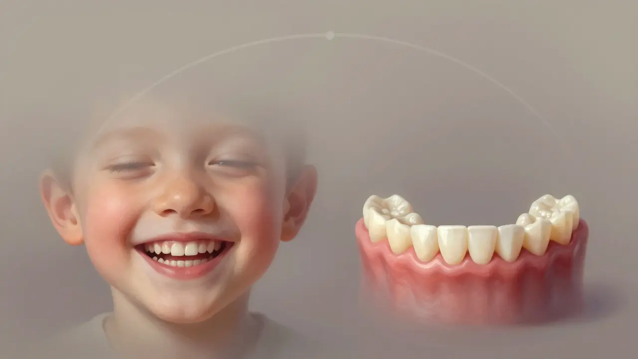 Vývoj dětského úsměvu od mezer k plně vyrůstlým trvalým zubům.