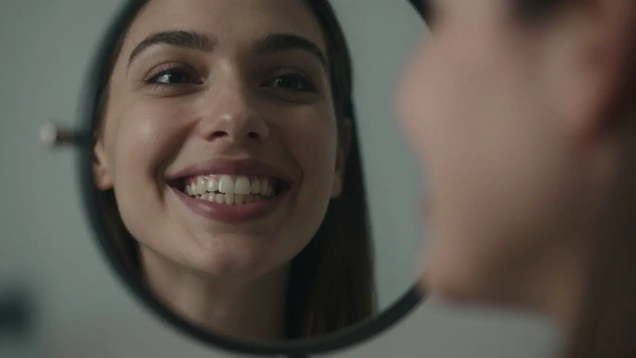 Zrcadlo odrazuje dvě verze tváře: jednu s poškozenými zuby a jednu s napravenými, symbolizující vnitřní změnu.