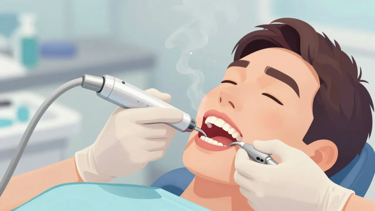 Zubní lékař odstraňuje zubní kámen pomocí ultrazvukového nástroje během profesionálního čištění.