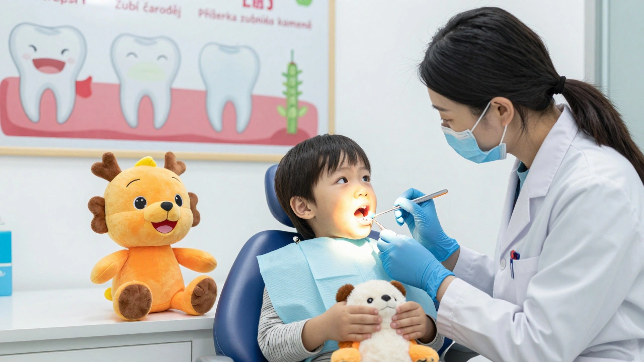 Zubní lékař vyšetřuje dítě s pohádkovou loutkou a hvězdnou lampou v pozadí.