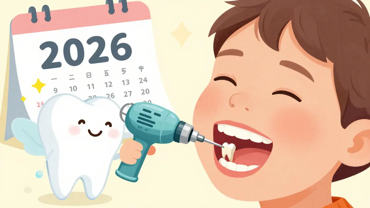 Child receiving a white filling on a back tooth with playful tooth fairy elements.