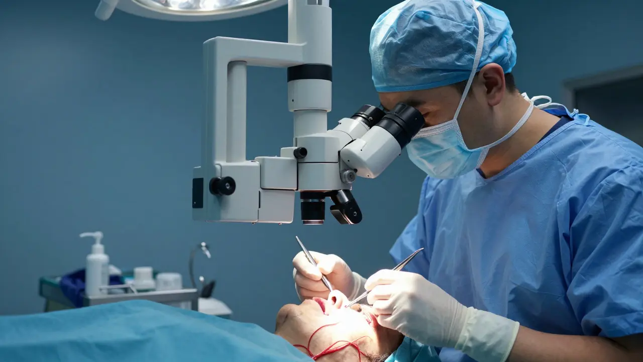 Chirurg provádí mikrochirurgickou rekonstrukci obličeje pod mikroskopem.