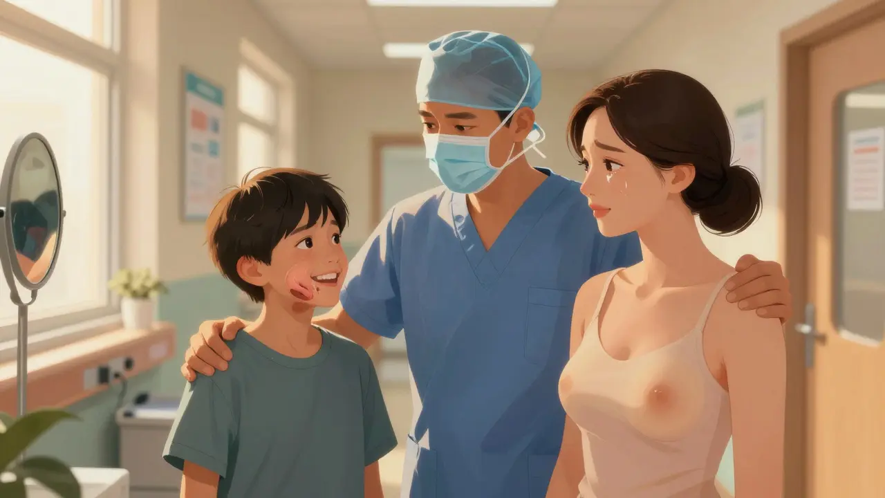 Chirurg stojí vedle dvou pacientů, kteří se dívají do zrcadel s úsměvem.