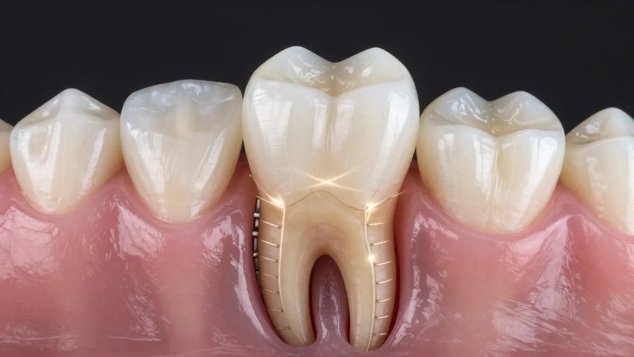 Dental crown securely cemented onto a prepared tooth root with cross-section detail.