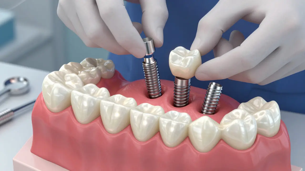 Dentista vkládá implantáty do 3D modelu čelisti, s průhlednými e-max korunkami na pozadí.