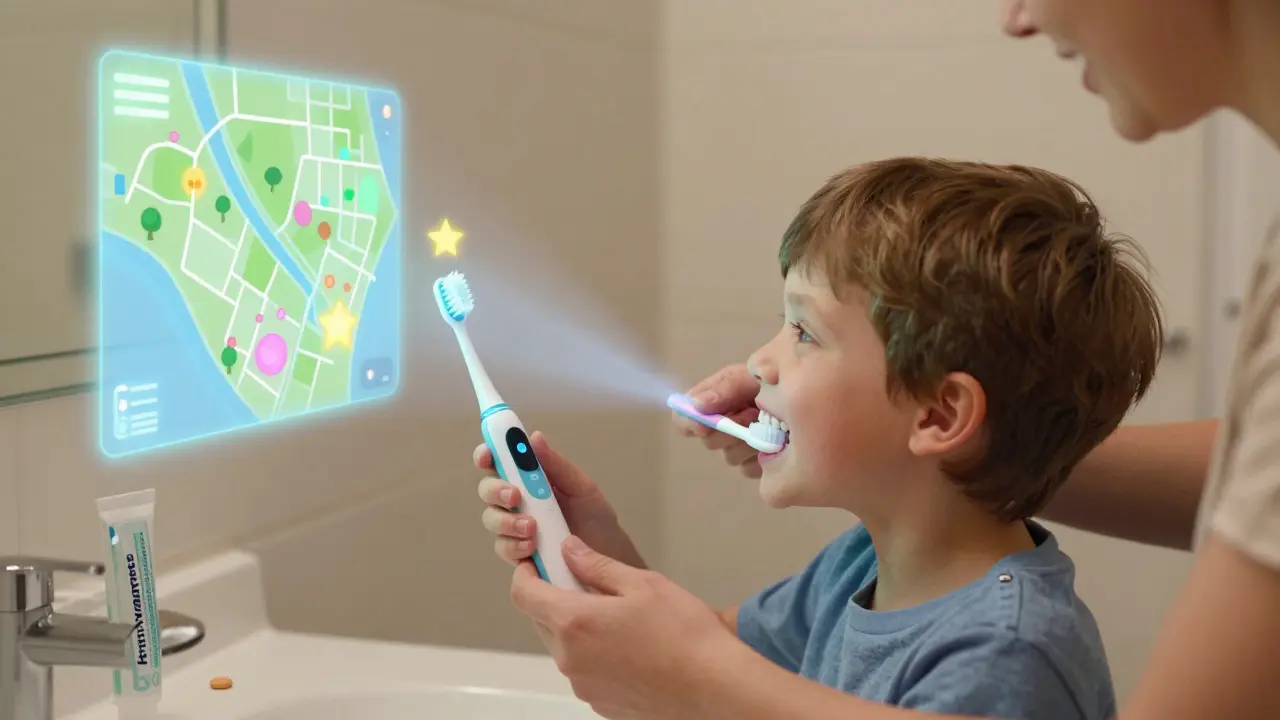 Dítě používá inteligentní zubní kartáček s projekcí interaktivní mapy čištění.