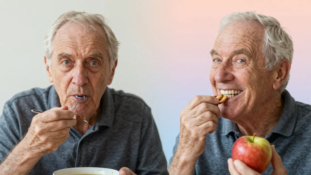 Dva pohledy na starého muže: s protézou na levé straně, s e-max korunkami a úsměvem na pravé.