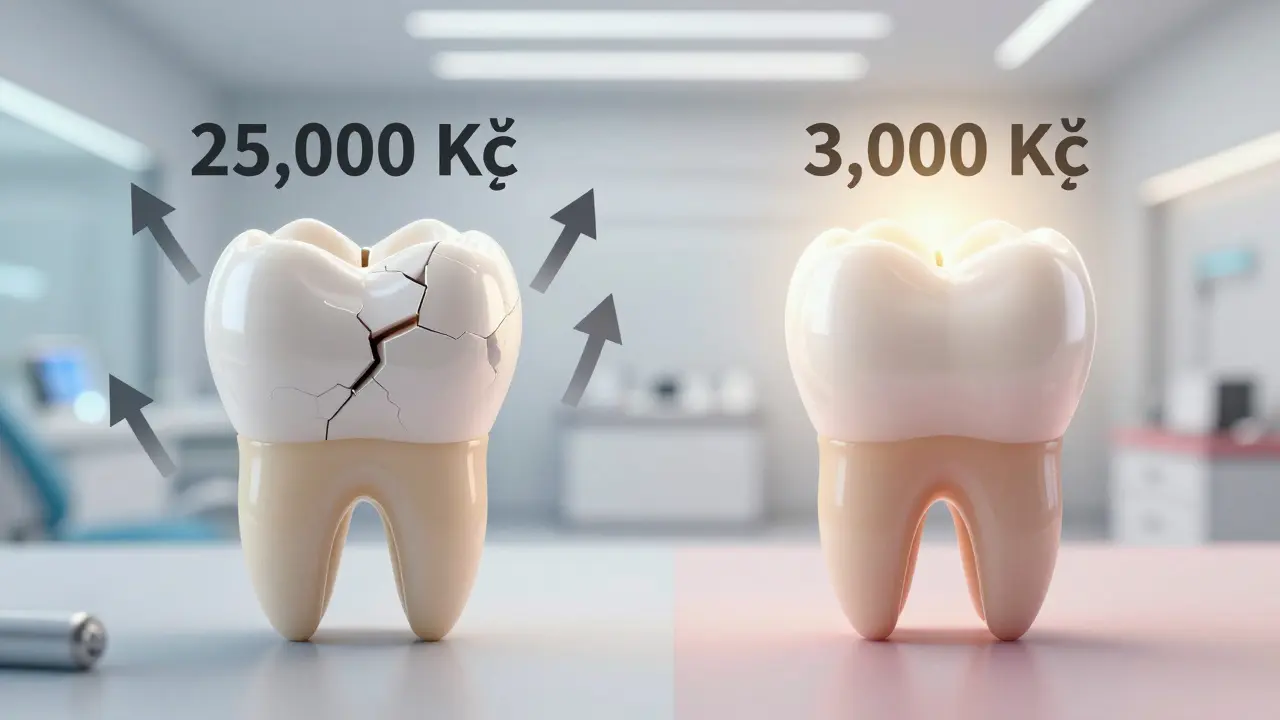 Dva způsoby opravy zlomeného zubu: levná výplň a drahá korunka vedle sebe.