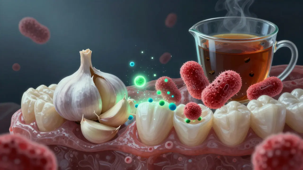 Mikroskopický pohled na rozklad zubního plaku působením česnku a černého čaje.