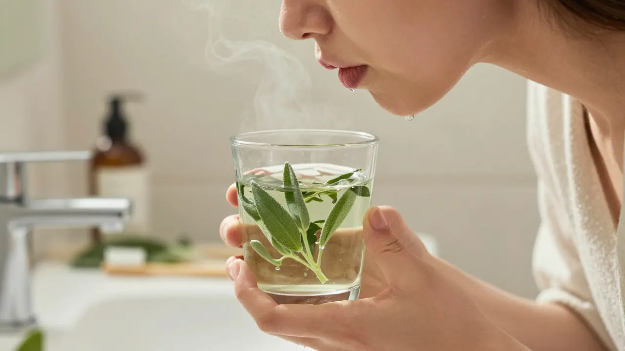 Osoba pláchnoucí ústa přírodní bylinnou ústní vodou v slunečném koupelně.