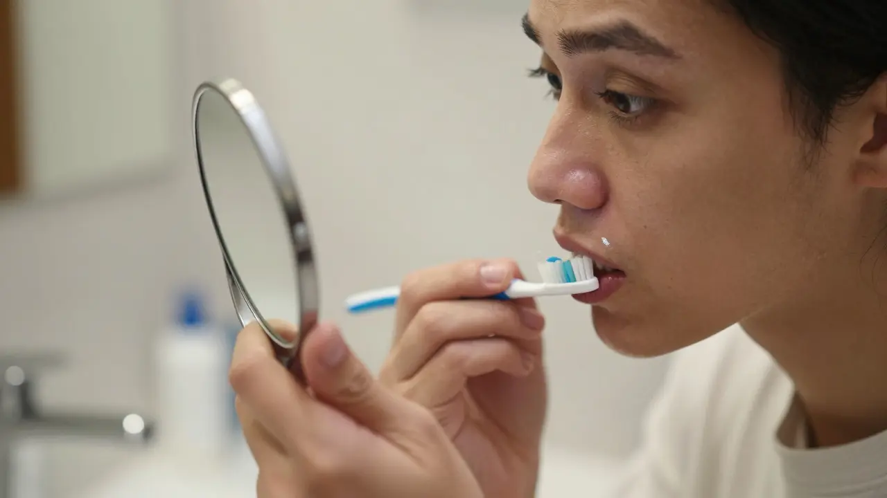 Osoba se dívá do zrcátka a prohledává zuby na příznaky začínajícího kazu.