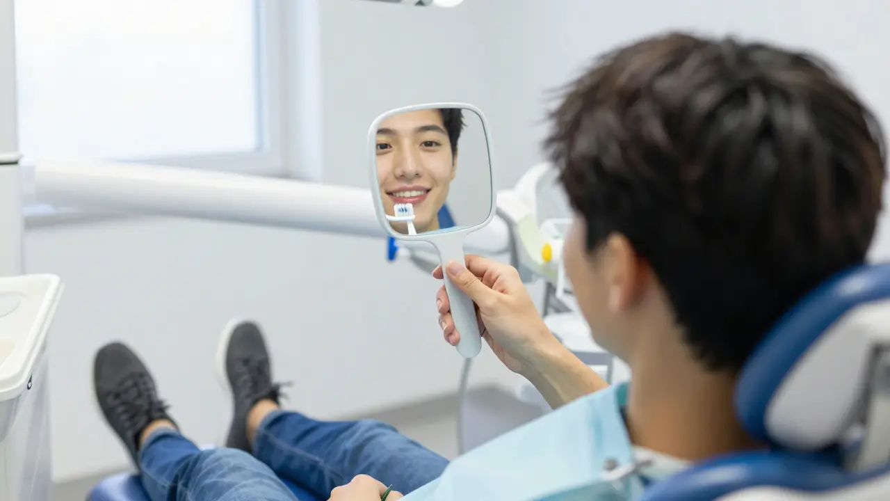 Osoba v zubní ordinaci dívá se do zrcátka, kde je vidět plomba.