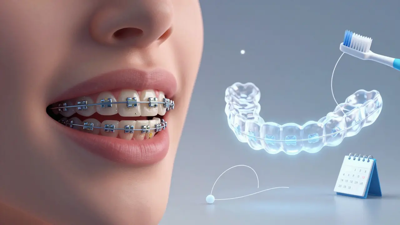 Porovnání kovových a neviditelných rovnátek: jedny znečištěné, druhé čisté a svítící.