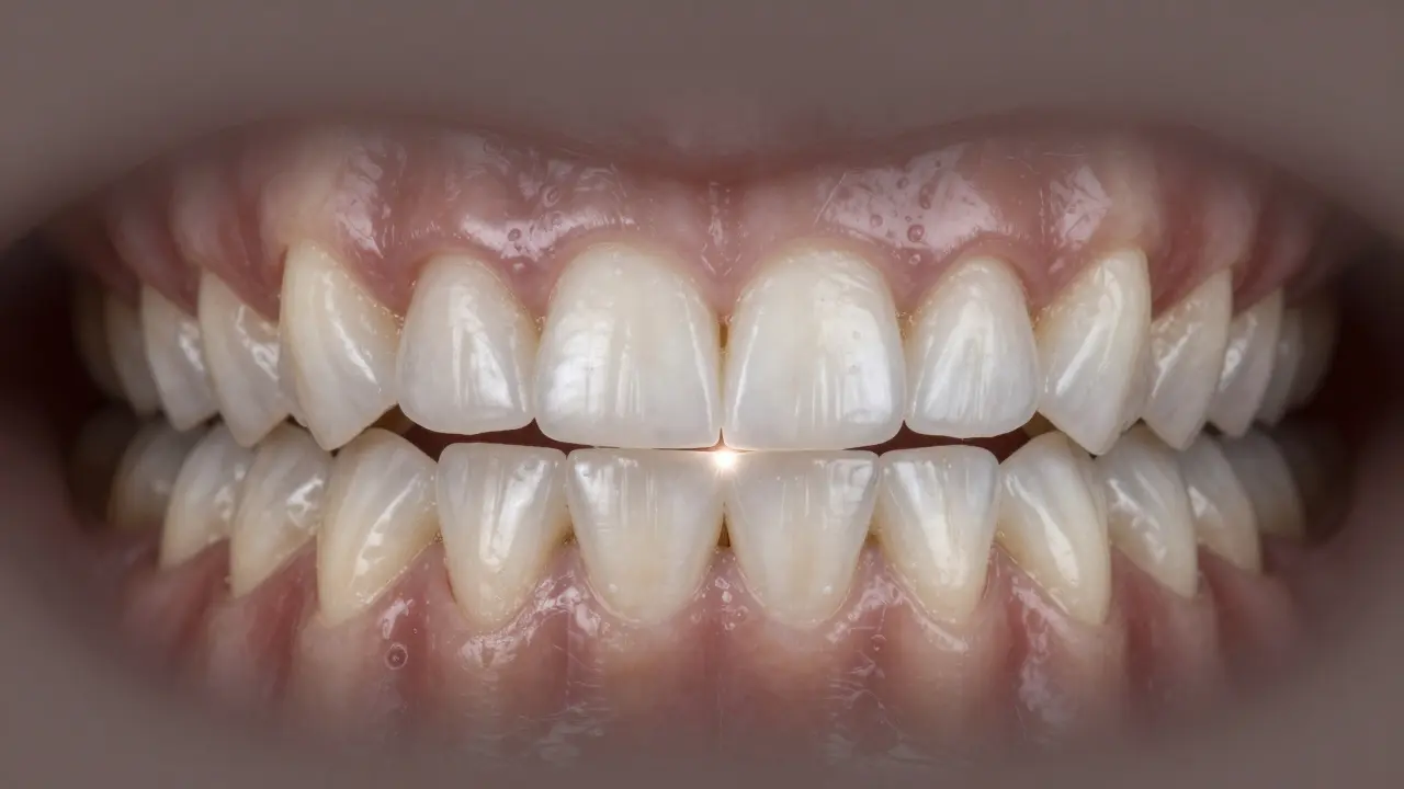 Před a po: tmavé zuby vlevo, jasné fazety vpravo, spojené zářící čárou.