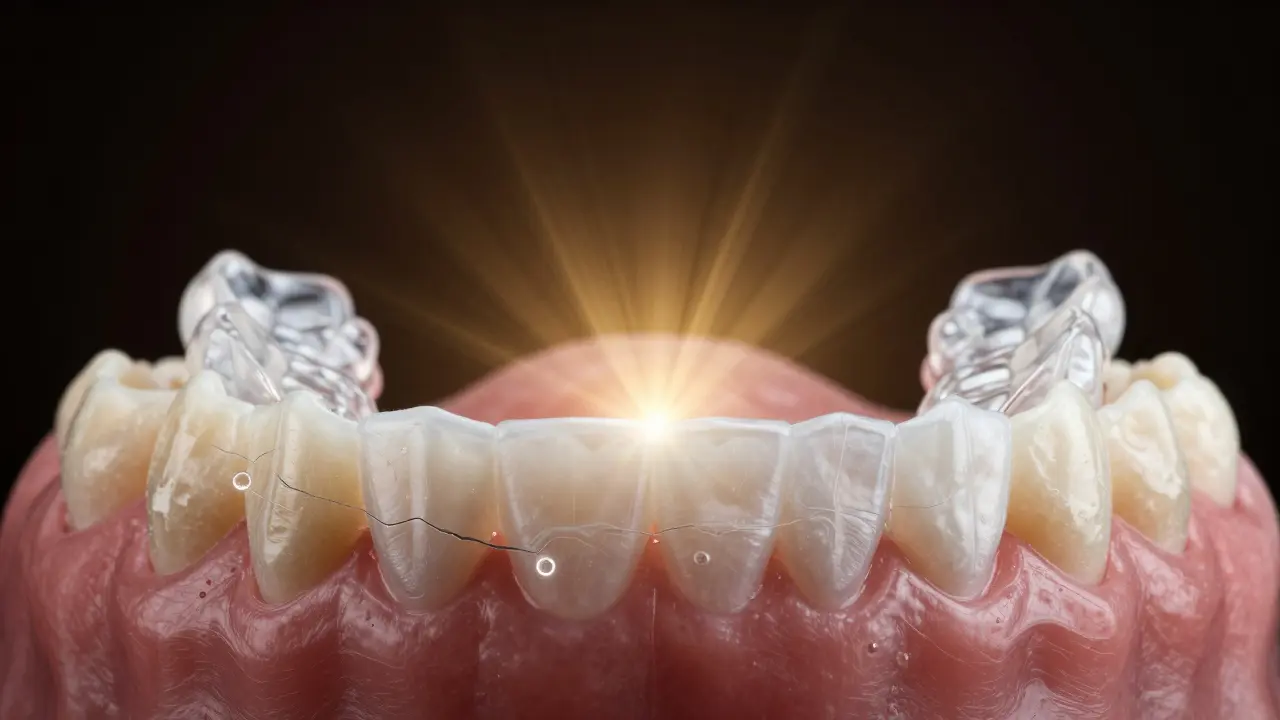 Přeměna poškozeného rovnátka na čisté, co symbolizuje důležitost péče.