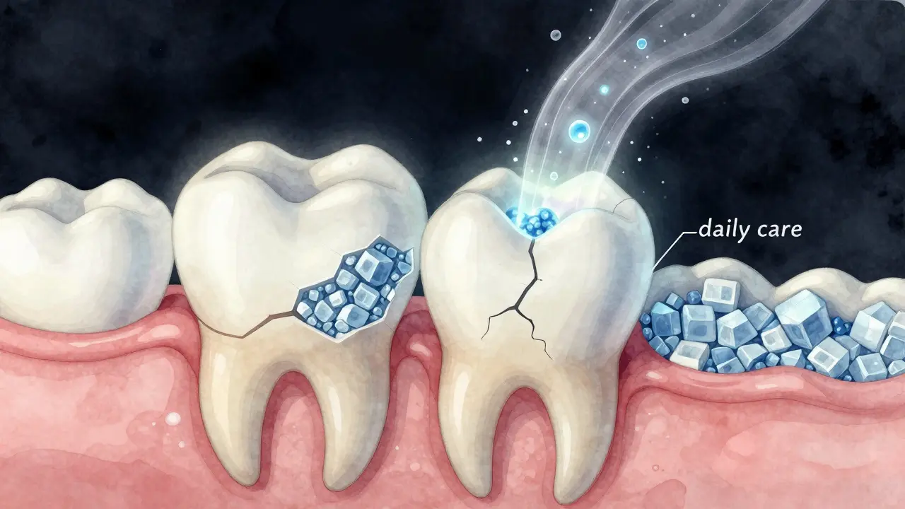 Přirozené obnovování zubní sklovině hydroxyapatitem jako mozaikové kameny