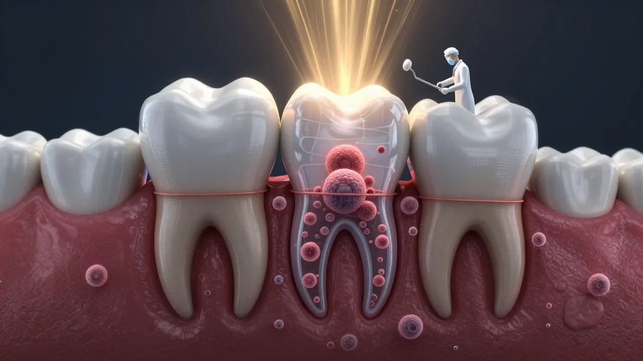Průřez zubem s bakteriemi pod dásní a lékařem chránícím zdraví.