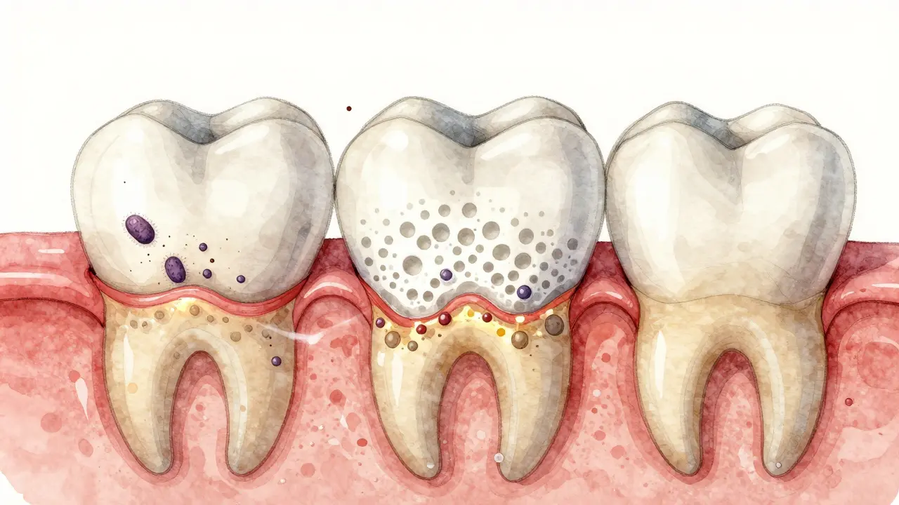 Průřez zubu ukazující počáteční lézi v emailu a proces znovu minerálního nasycení.