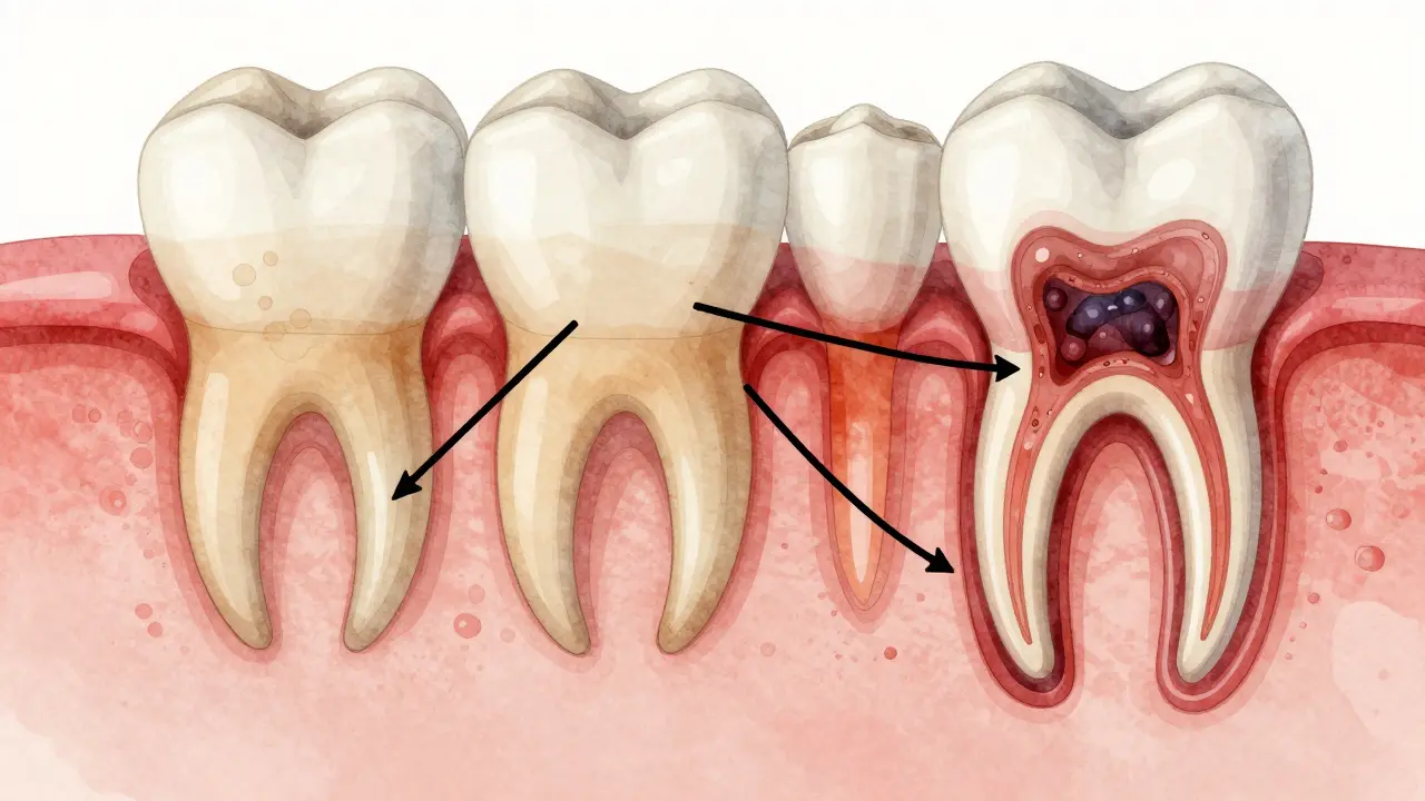 Průřez zubu ukazující postup kariózy od skloviny k nervu.