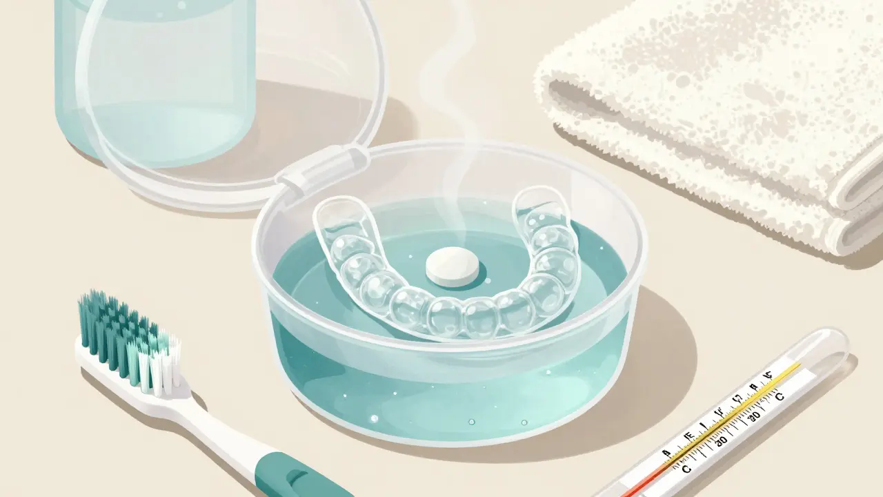 Rovnátko ponořené v čisticím roztoku s tabletou, která se rozpouští.