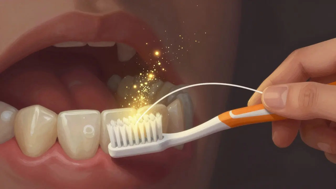 Ruka čistí zuby, fluorid obnovuje zubní sklovinku.