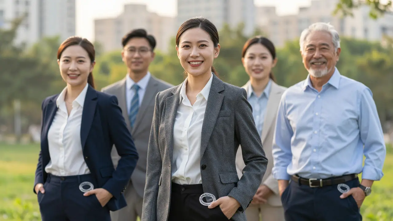 Různé dospělé osoby v parku široce smějí, aniž by byly vidět rovnátka.