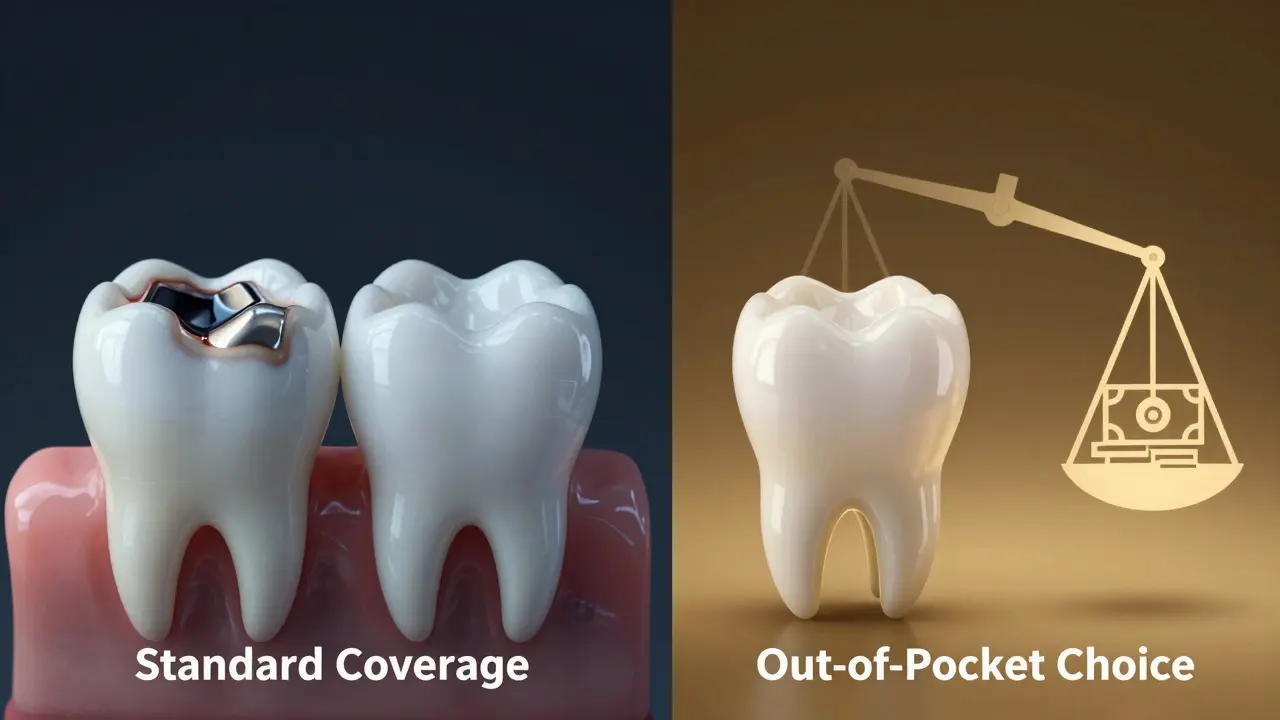 Split image comparing dark amalgam and white composite fillings with symbolic lighting.