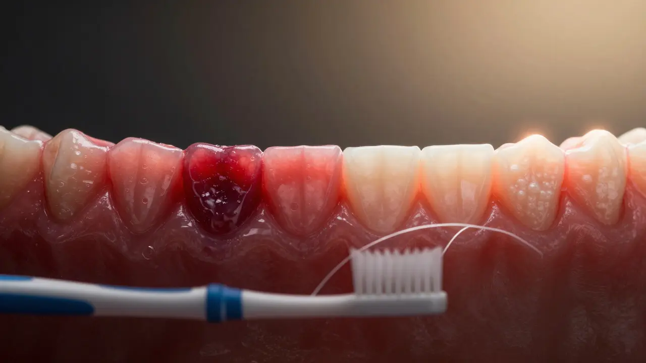 Srovnání zdravých a zánětlivých dásní vedle sebe s jemným světlem léčebné energie.