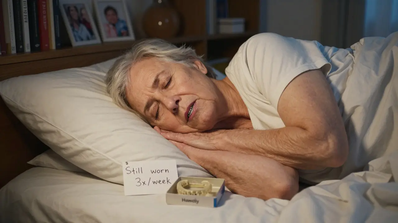 Starý muž spí s trvalým retenčním drátem na zubech, na nočním stolku je starší retence.