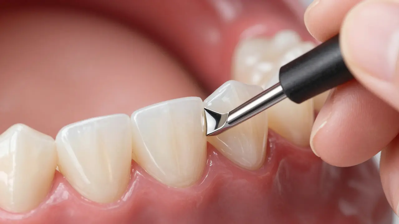 Thin ceramic veneers being bonded to the front surface of teeth.
