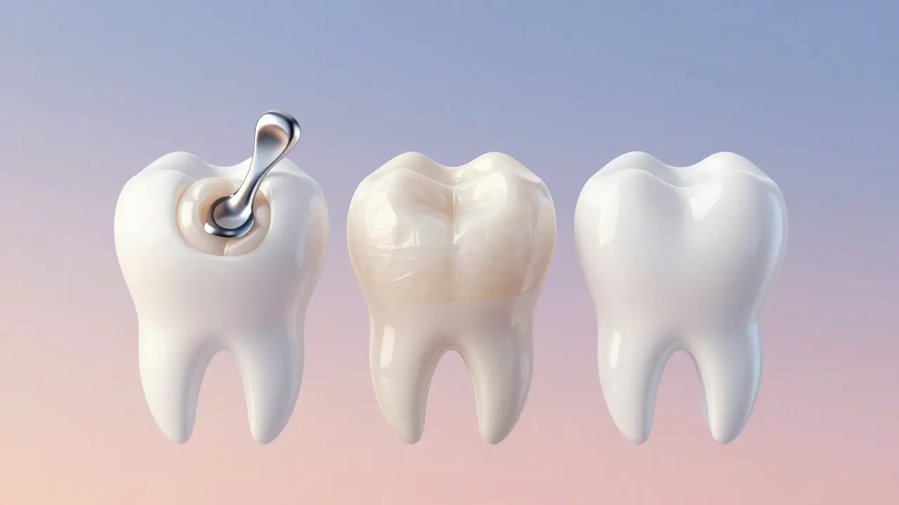 Tři typy oprav předního zubu: výplň, korunka a laminát.