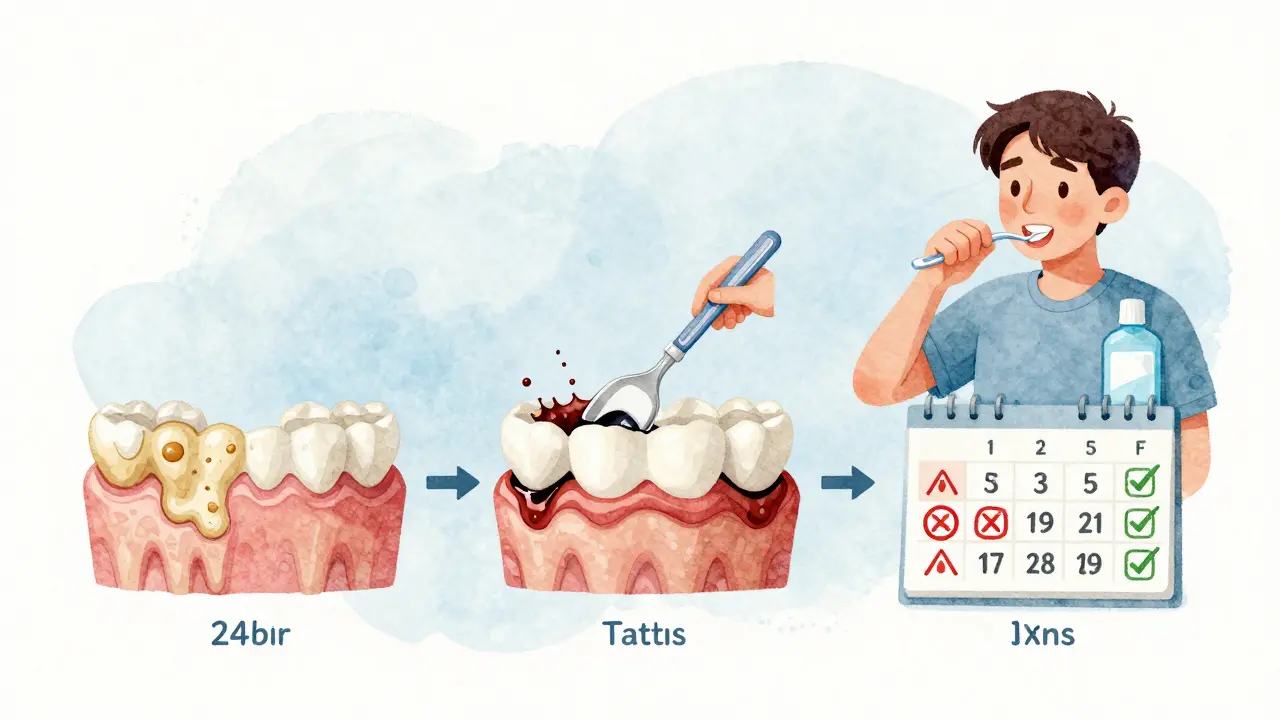 Vizualizace tvorby plaku a prevence zubního kamene v časové ose.