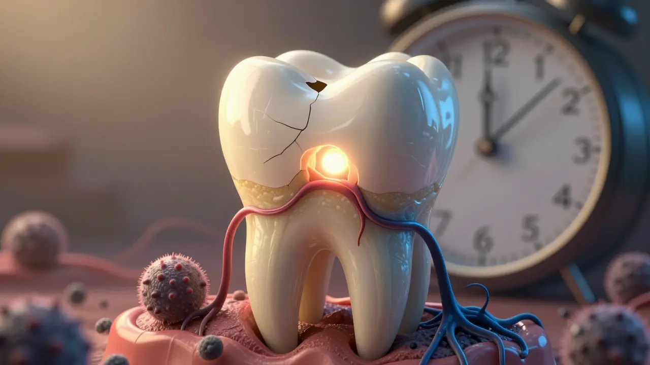 Vnitřní struktura poškozeného zubu s viditelnými bakteriemi šířícími se do nitra.