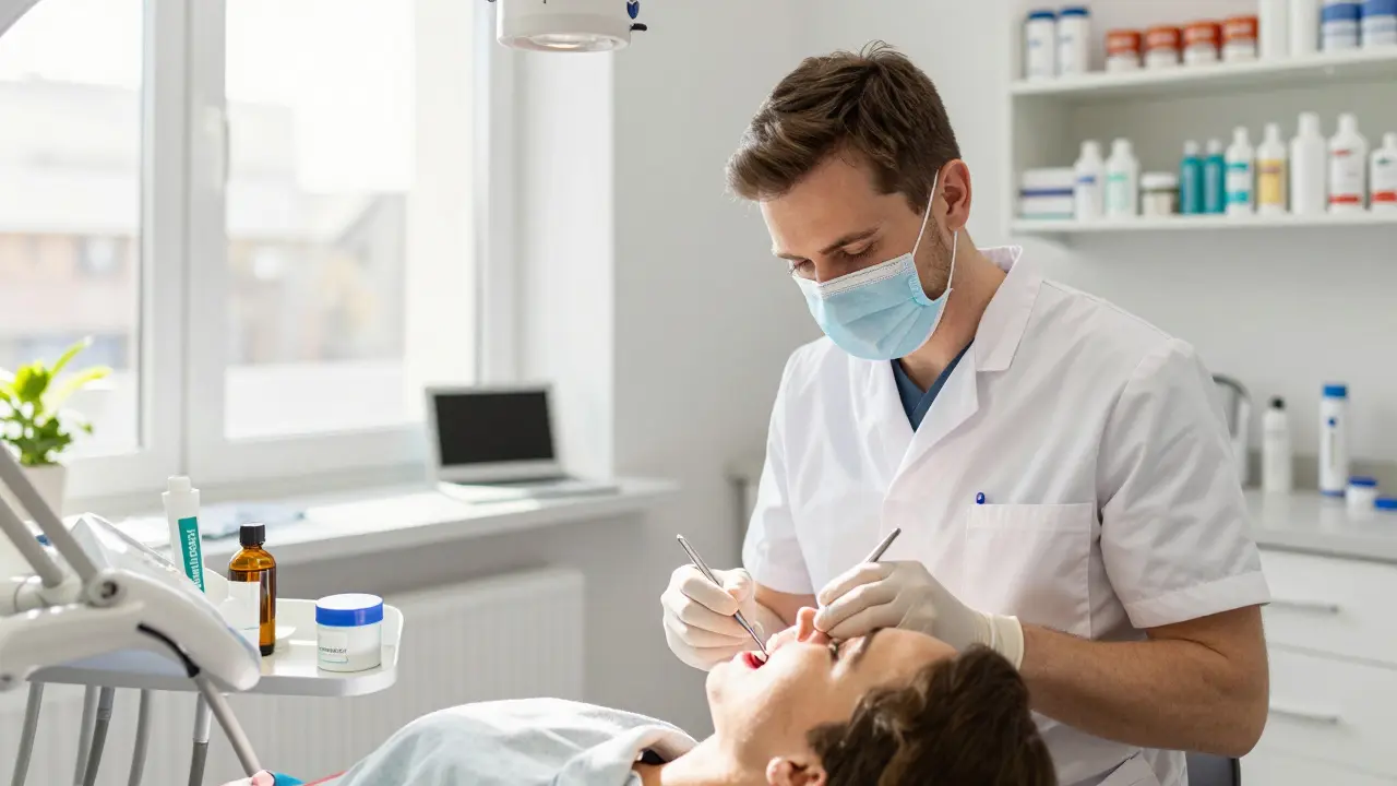 Zubní lékař čistí zuby pacientovi v české ordinaci, na stole viditelné přirozené produkty pro ústní hygienu.