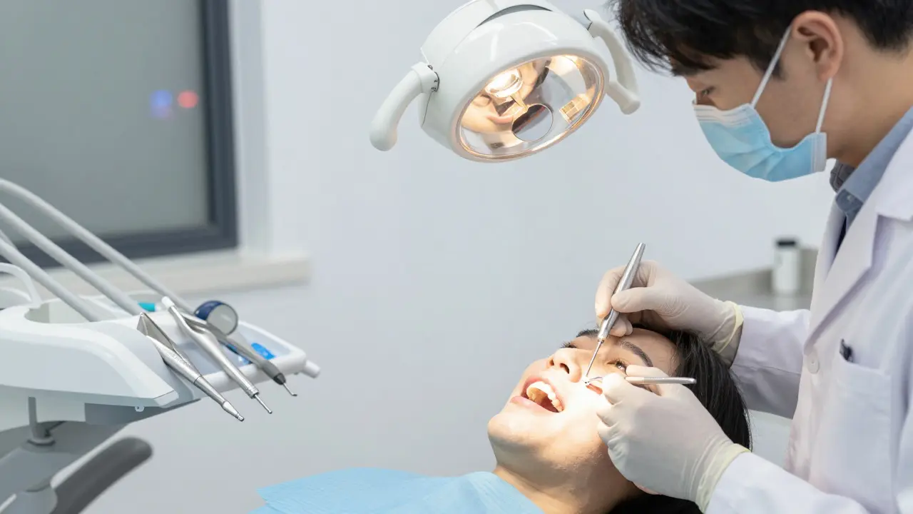 Zubní lékař opravuje přední zub kompozitní výplní v klinice.