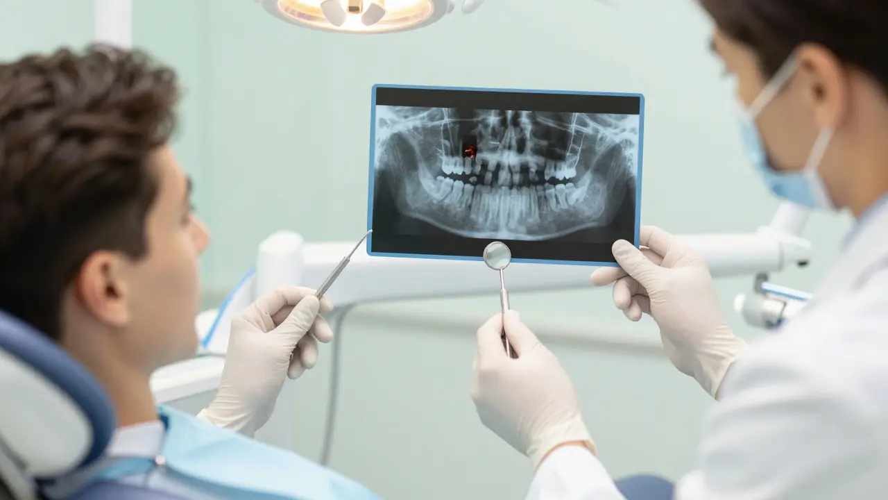 Zubní lékař prohlíží rentgen zubu s zdravým kořenem v klinice.