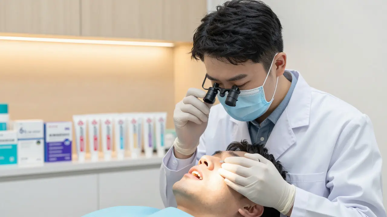 Zubní lékař prohlíží zuby pacienta s lupou, vedle jsou legální a nelegální přípravky na bělení