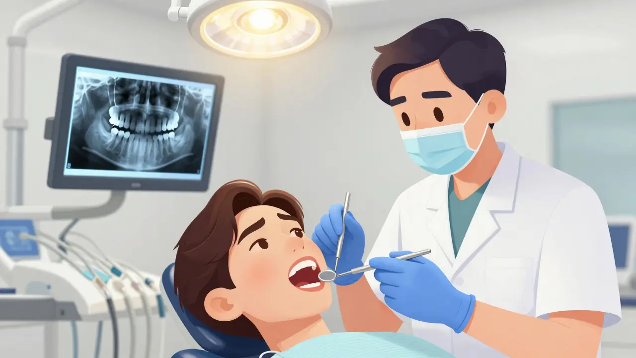 Zubní lékař vyšetřuje pacientovi ústa s pomocí rentgenového snímku zubu.
