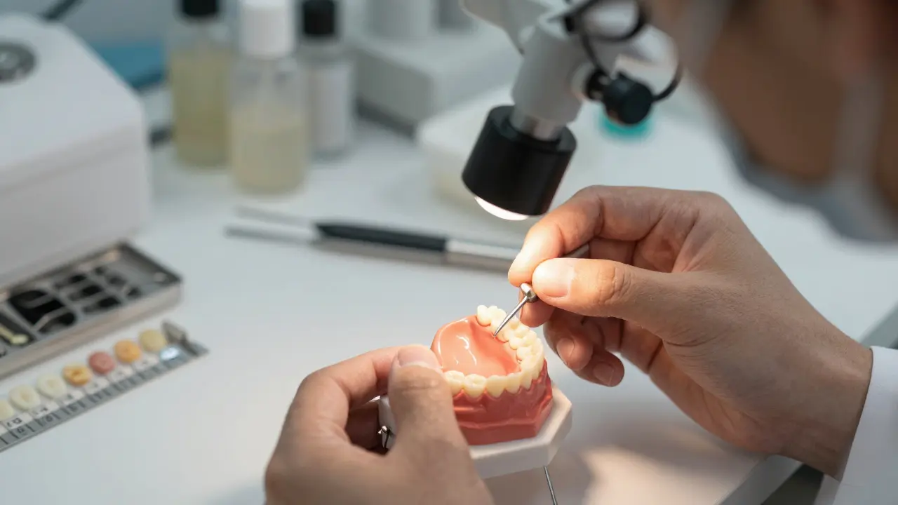 Zubní technik přesně umisťuje keramickou fazetu na model zubu pod zvětšovací čočkou.