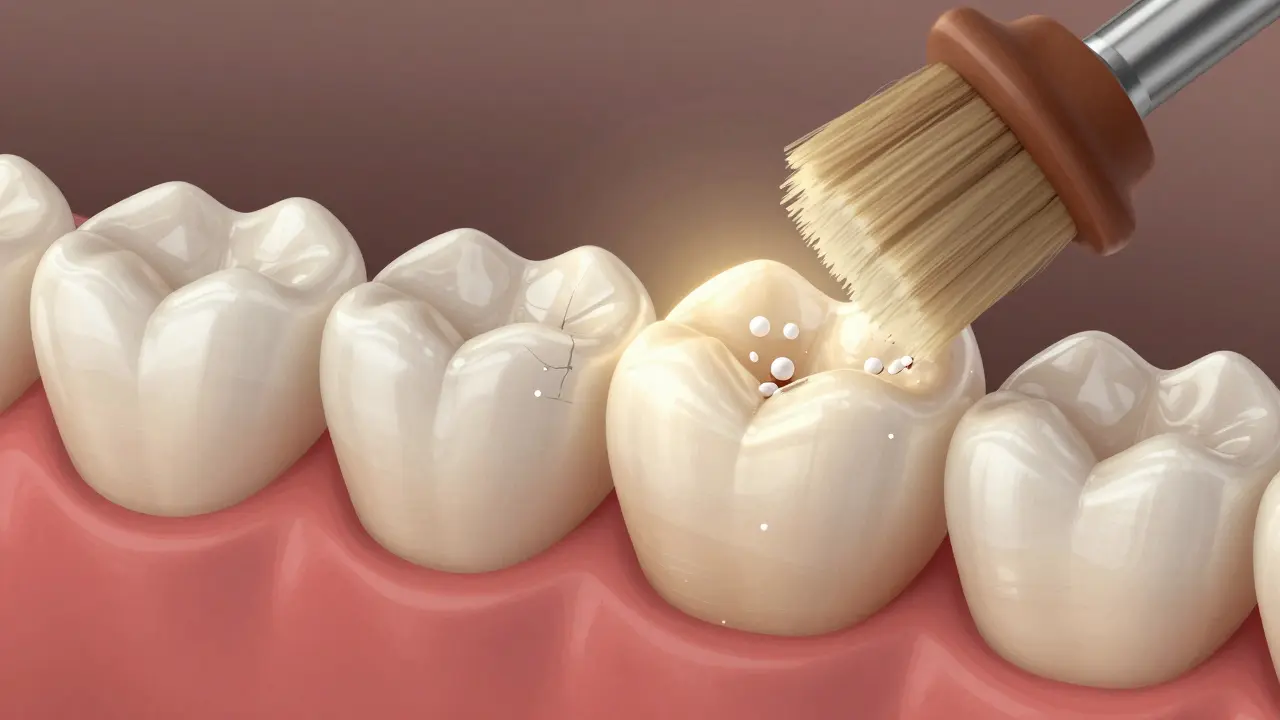 Zvětšený pohled na zubní sklovinu, kde nano-hydroxyapatit opravuje mikrotrhliny a odstraňuje skvrny.