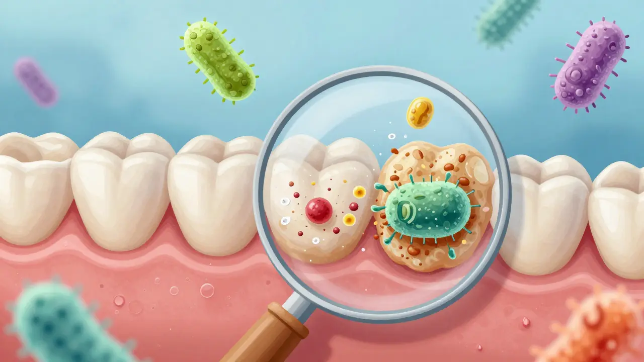 Zvětšený pohled na zubní sklovinu s plakem a probiotiky bojujícími proti bakteriím.