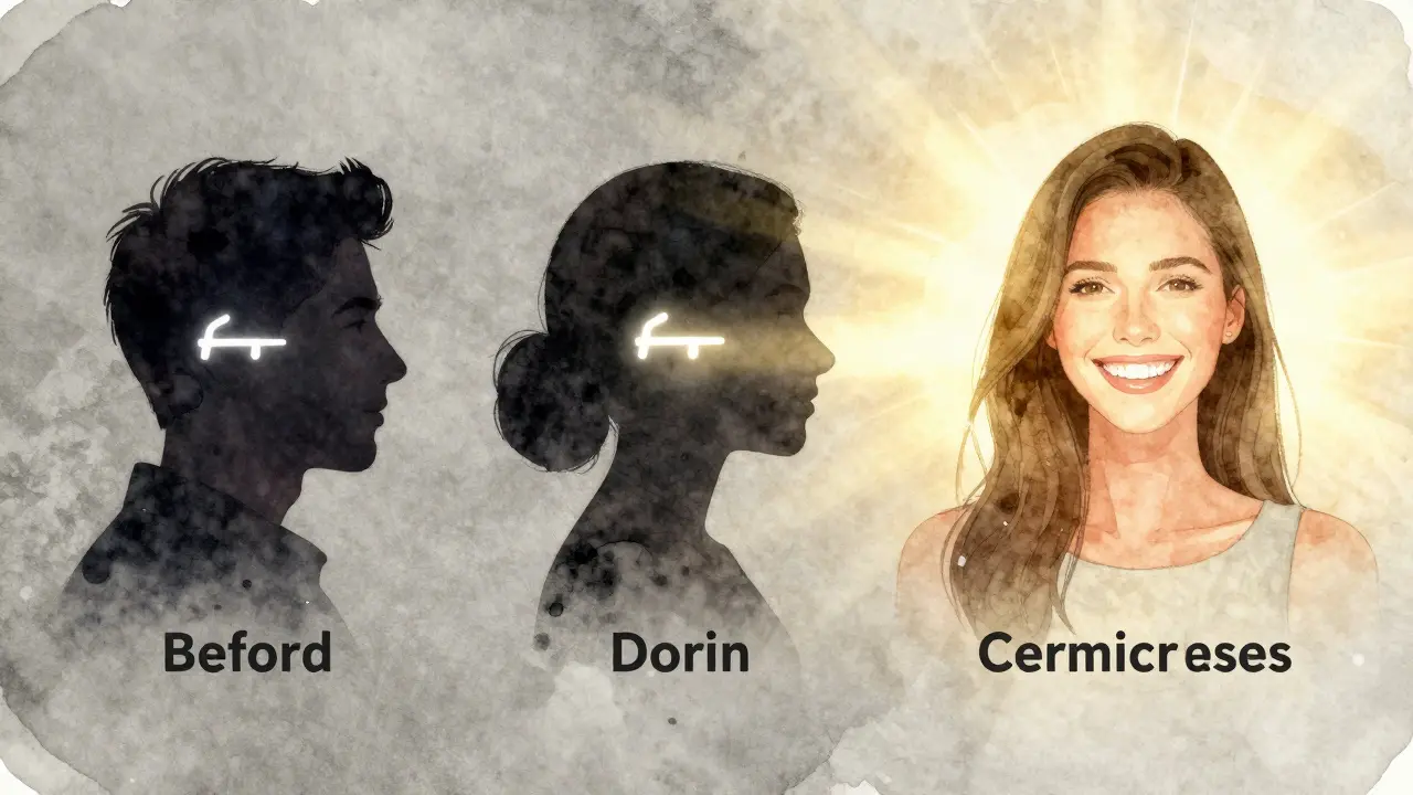 Abstraktní časová osa ukazující přeměnu od nejistého úsměvu k jasnějšímu, zdravějšímu výrazu.