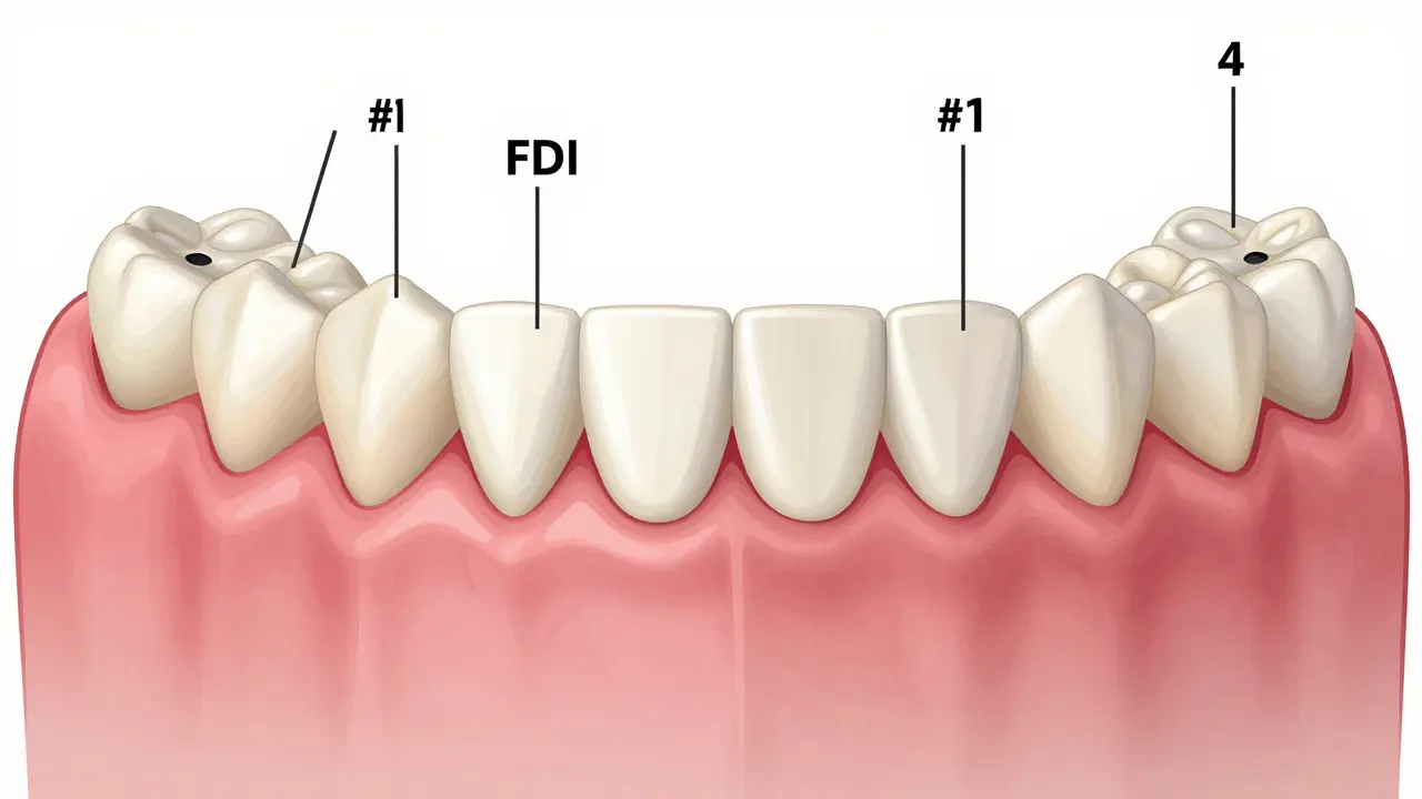 Anatomický náčrt předních zubů s označenými řezáky a kličkami v obou čelistech.