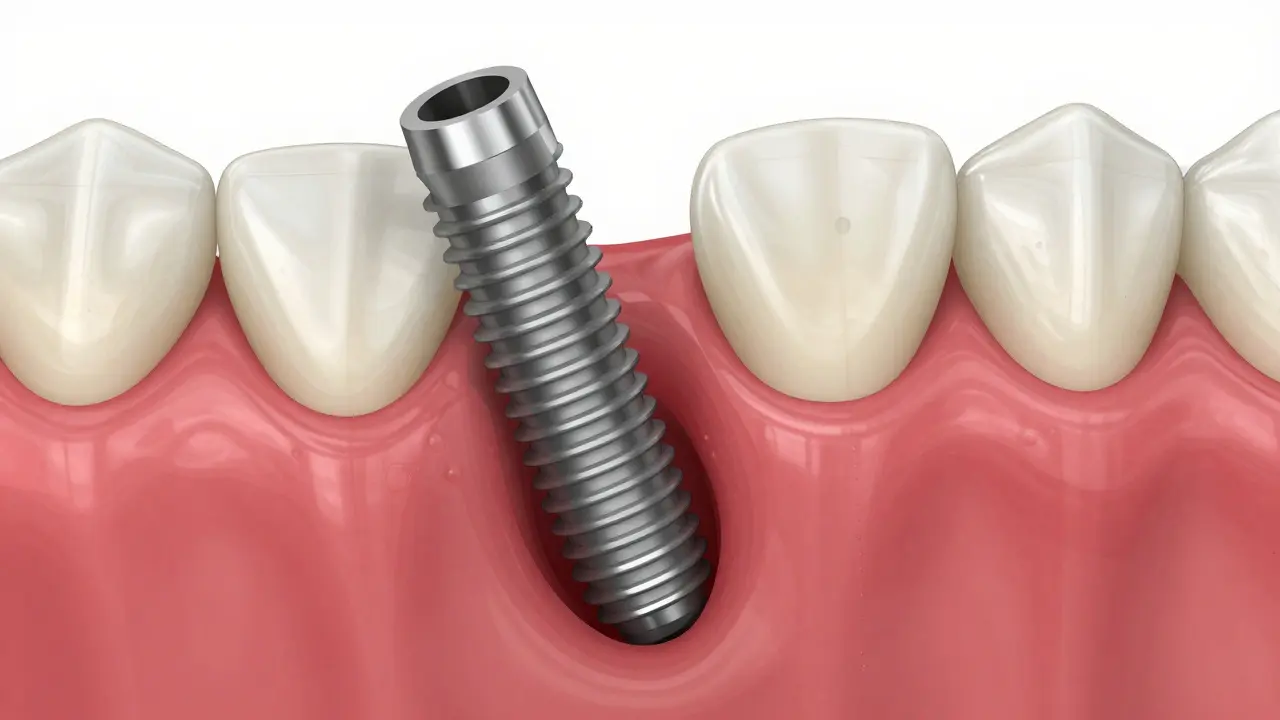 Blízký pohled na implantát s zánětem dásní