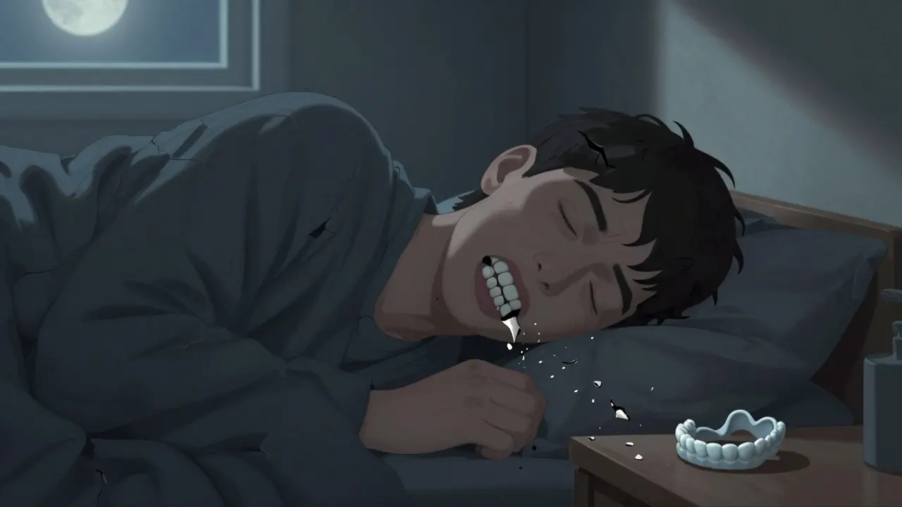 Člověk během spánku zatíná zuby, zuby se opotřebovávají a vznikají trhliny.