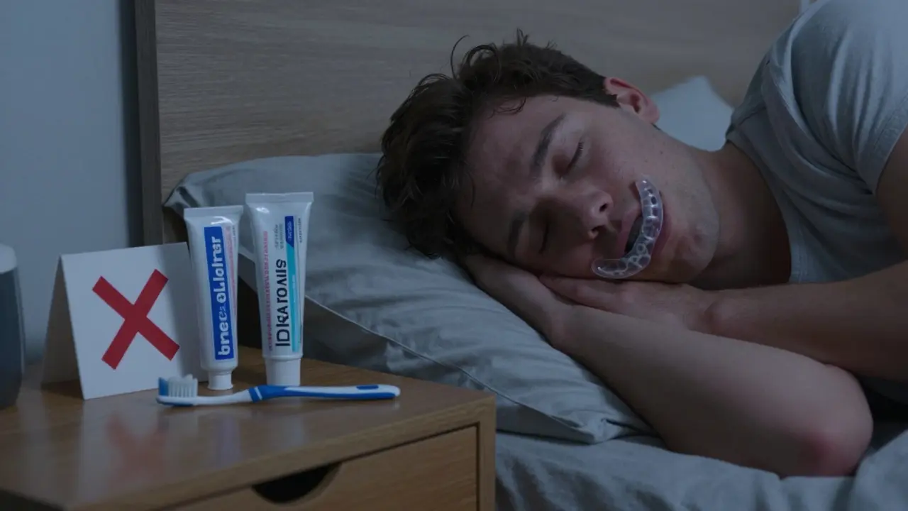 Člověk spí s nočním štítem, na nočním stole jsou zubní kartáček a pasta.