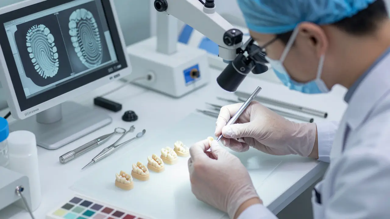 Dental technician crafting custom ceramic veneers in a lab with precision tools.