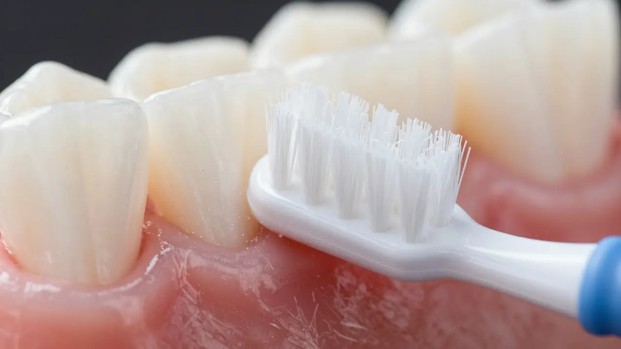 Detail zubního kartáčku Curaprox CPS prime s jemnými vlákny čistícími dásně.